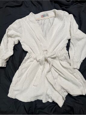 Free People White Terry Cloth Textured Tie-Waist Romper